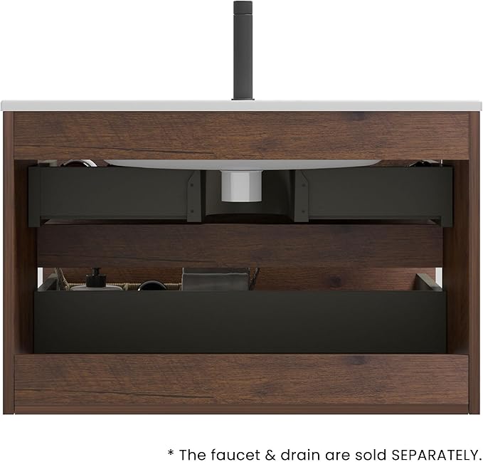 30" Bathroom Vanity with Sink, Modern Floating Vanity with Double Soft Closing Drawers, Large Storage for Small Space, Walnut, Fully Assembled - Iris Collection