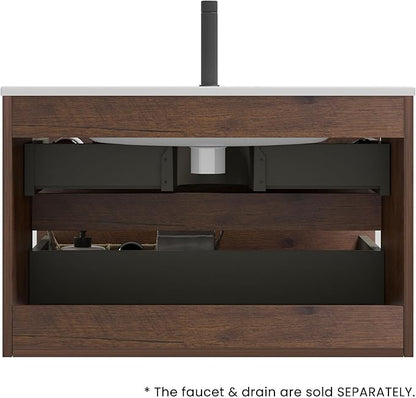 30" Bathroom Vanity with Sink, Modern Floating Vanity with Double Soft Closing Drawers, Large Storage for Small Space, Walnut, Fully Assembled - Iris Collection