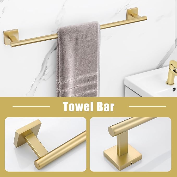 Gold Towel Bar Set 5-Piece Brushed Gold Bathroom Hardware Accessories Set Include 23.6in Towel Bar Toilet Paper Holder Towel Ring Towel Hooks,Stainless Steel Towel Holder Set Wall-Mounted
