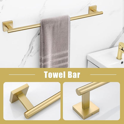 Gold Towel Bar Set 5-Piece Brushed Gold Bathroom Hardware Accessories Set Include 23.6in Towel Bar Toilet Paper Holder Towel Ring Towel Hooks,Stainless Steel Towel Holder Set Wall-Mounted