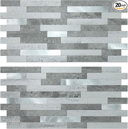 AULIGET 20 Sheets Faux Stone Peel and Stick Backsplash, Grey Slate Look PVC Wall Tile Stick on Backsplash for Kitchen and Bathroom
