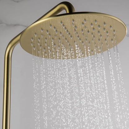 RBROHANT Exposed Shower System with Tub Spout, Brushed Gold Exposed Pipe Shower Faucet with 3 Functions Brass Shower Valve, Shower Height Adjustable, Wall Mounted