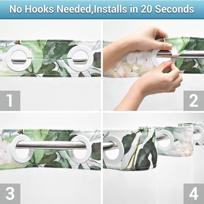 No Hook Shower Curtain with Liner, Eucalyptus Sage Green, 71x74 | Snap in Liner, 3 in 1, Water Repellent, Easy Install, Machine Washable, Hotel Style for Bathroom, Watercolor Pattern