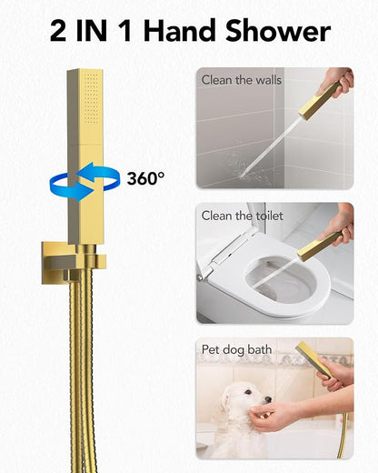 64 Color LED Mood Lighting Rainfall Shower System, 20" Ceiling Mount Bathroom Shower Faucet Set (Brushed Gold)