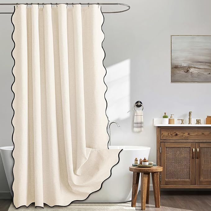 MIULEE Cream White Scalloped Linen Shower Curtain 72x72 Inches | Linen Textured, Waterproof, Washable, 12 Metal Hooks, Heavy Duty Cloth, Black Border, Shower Curtain for Bathroom Bathtub