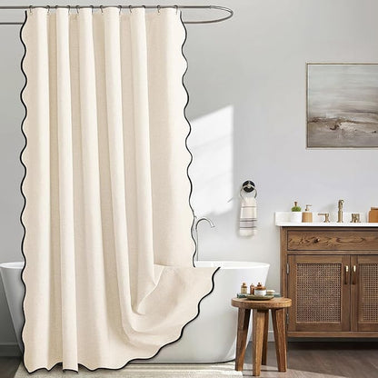 MIULEE Cream White Scalloped Linen Shower Curtain 72x72 Inches | Linen Textured, Waterproof, Washable, 12 Metal Hooks, Heavy Duty Cloth, Black Border, Shower Curtain for Bathroom Bathtub