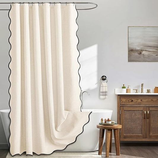 MIULEE Cream White Scalloped Linen Shower Curtain 72x72 Inches | Linen Textured, Waterproof, Washable, 12 Metal Hooks, Heavy Duty Cloth, Black Border, Shower Curtain for Bathroom Bathtub