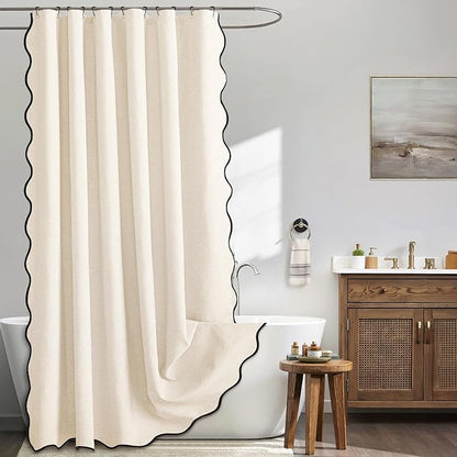 MIULEE Cream White Extra Long Scalloped Linen Shower Curtain 72x80 Inches | Linen Textured, Waterproof, Washable, 12 Metal Hooks, Heavy Duty Cloth, Black Border, Shower Curtain for Bathroom Bathtub