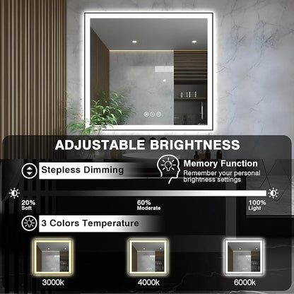 EchosLife 36x36 Square LED Bathroom Mirror - Black Aluminum Framed | Black Frame, Front and Backlit, Anti-Fog, Stepless Dimmable, 3 Colors, Memory, Tempered Glass, UL Listed, Horizontal/Vertical
