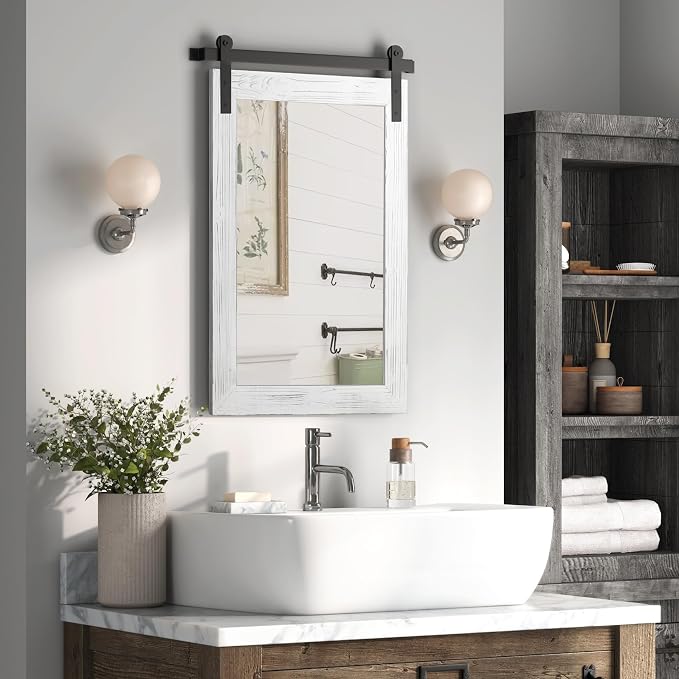 COGOOD Farmhouse Bathroom Mirrors for Over Sink - 38 x 25 White | Rustic Barn Door Wood Framed Vanity Mirror for Entryway, Living Room, Bedroom, Dresser Wall Decor