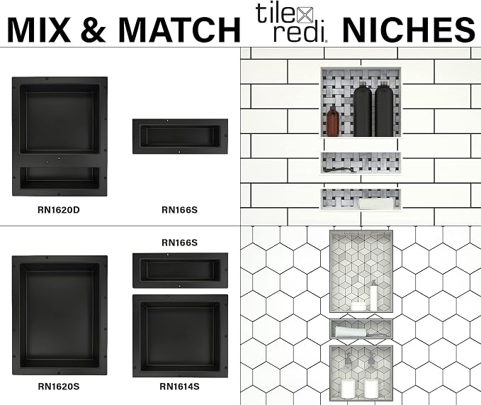 Tile Redi USA Niche Single Recessed Shower Shelf – Black, One Inner Shelf, 16-Inch Width x 6-Inch Height x 4-Inch Depth (RN166S-BI)