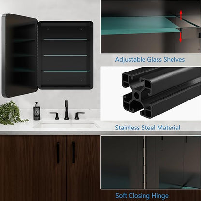 Medicine Cabinet with 24x24 inch Square Mirror, Stainless Steel Black Frame, Bathroom Wall Cabinet with Removable Glass Shelves, Recessed & Surface, Waterproof Bathroom Storage Cabinet
