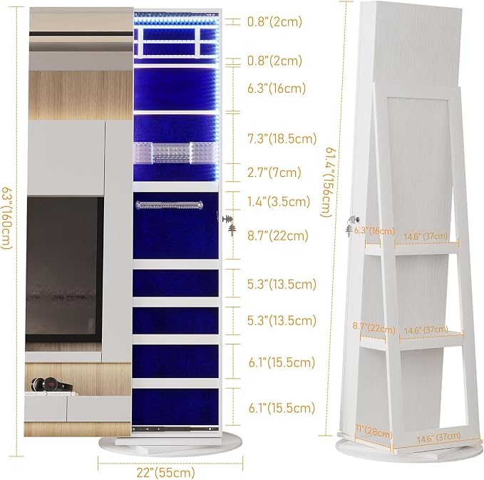 360° Swivel Jewelry Mirror Cabinet with Lights, Standing Jewelry Armoire Organizer, 63" Rotatable Full-Length Mirror with Jewelry Storage, Lockable with Back Storage Shelve, White | 360° Swivel Mirror with Storage, Lockable Jewelry Armoire Organizer wi...