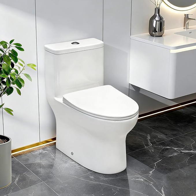 W2161RD One-Piece Toilet | Dual Flush 1.0/1.28 GPF and MAP 1000g, Elongated Toilet 12" Rough-In, White Bathroom Toilet with & Water-Saving, With Soft-Close Seat