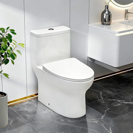 W2161RD One-Piece Toilet | Dual Flush 1.0/1.28 GPF and MAP 1000g, Elongated Toilet 12" Rough-In, White Bathroom Toilet with & Water-Saving, With Soft-Close Seat