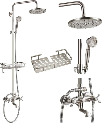 gotonovo Exposed Shower System with Shelf and Tub Spout,Brushed Nickel | Bathroom Shower Faucet Set with Shelf,8’’ Rain Head with Handheld Spray,2 Cross Handle,6’’ Hole Distance,Adjustable Height