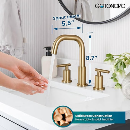 gotonovo 8 Inch Widespread Bathroom Sink Faucet 3 Hole 2 Handles Lavatory Basin with Pop Up Drain with Hot and Cold Mixer Valves Modern Brushed Gold