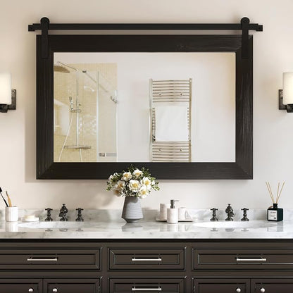 COGOOD Farmhouse Bathroom Mirrors for Over Sink - 26 x 41 Black | Rustic Barn Door Wood Framed Vanity Mirror for Entryway, Living Room, Bedroom, Dresser Wall Decor