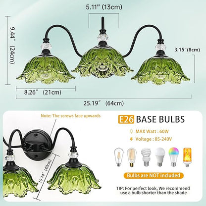 Black Bathroom Vanity Light,3-Light Vanity Light with Floral Green Glass Shades,Vintage Farmhouse Wall Mount Lighting for Bathroom, Dressing Table