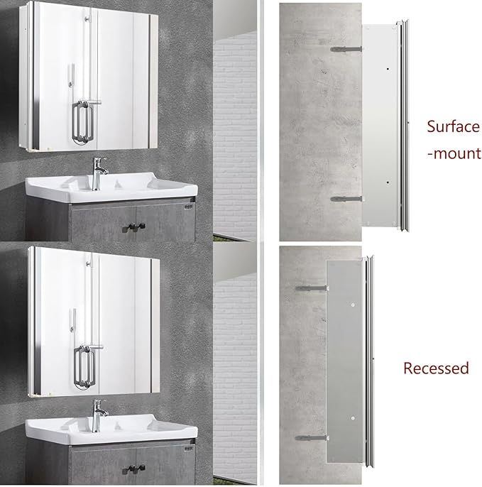 Medicine Cabinet with 26x30 inch Mirror, Mirror Cabinet with Assembly Needed, Aluminum Surface Mount or Recessed Wall Cabinet, Adjustable Glass Shelves, Suitable for Bathroom Bedroom