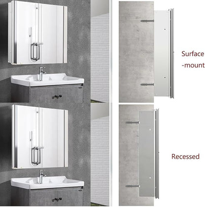 Medicine Cabinet with 26x30 inch Mirror, Mirror Cabinet with Assembly Needed, Aluminum Surface Mount or Recessed Wall Cabinet, Adjustable Glass Shelves, Suitable for Bathroom Bedroom