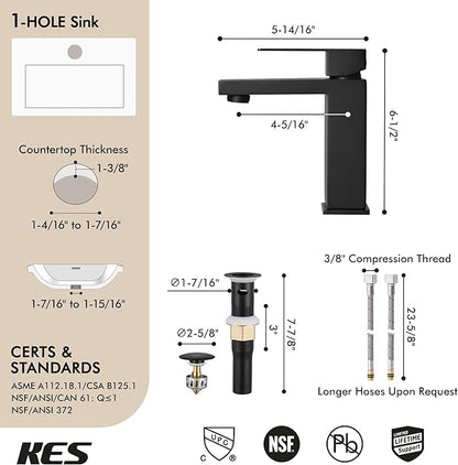 KES Black Bathroom Faucet Single Handle & Bathroom Sink Drain with Overflow, cUPC Certified Vanity Faucet with Pop Up Drain Stopper Stainless Steel Matte Black, L3156ALFF12-BK-C2
