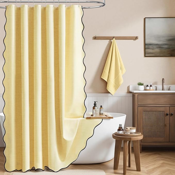 BTTN Extra Long Shower Curtain, 72x90 Boho Scalloped Linen Textured Thick Fabric Shower Curtain Set with 12 Hooks, Tall Modern Farmhouse Rustic Waterproof Cloth Shower Curtains for Bathroom, Yellow