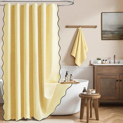 BTTN Extra Long Shower Curtain, 72x90 Boho Scalloped Linen Textured Thick Fabric Shower Curtain Set with 12 Hooks, Tall Modern Farmhouse Rustic Waterproof Cloth Shower Curtains for Bathroom, Yellow