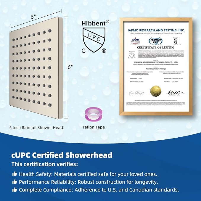 Hibbent cUPC Certified Thickness Metal 6'' Rain Shower Head, Brushed Nickel | High Pressure Shower Head, Bathroom Waterfall Shower Heads, High Flow Fixed Showerheads with Adjustable Brass Ball Joint