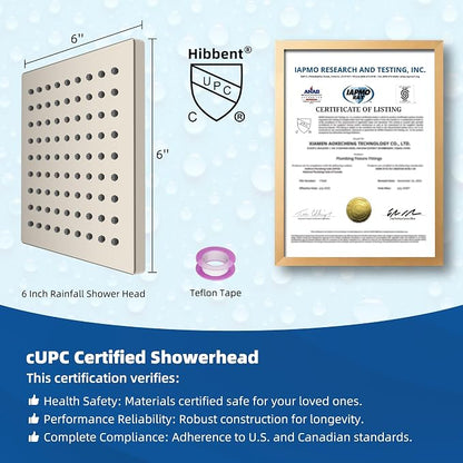 Hibbent cUPC Certified Thickness Metal 6'' Rain Shower Head, Brushed Nickel | High Pressure Shower Head, Bathroom Waterfall Shower Heads, High Flow Fixed Showerheads with Adjustable Brass Ball Joint