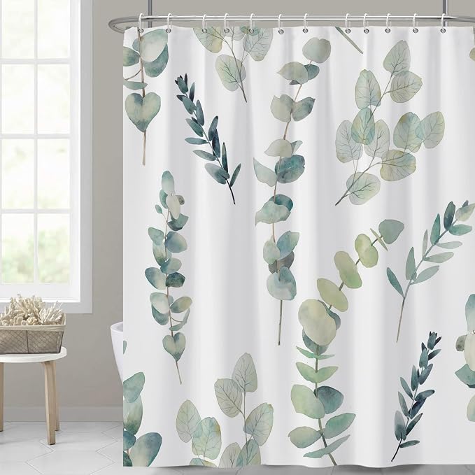 AWERT Shower Curtain Green Plants for Bathroom Waterproof Quick-Drying Eucalyptus Leaves Shower Curtain Set with Hooks 72x72 Inch