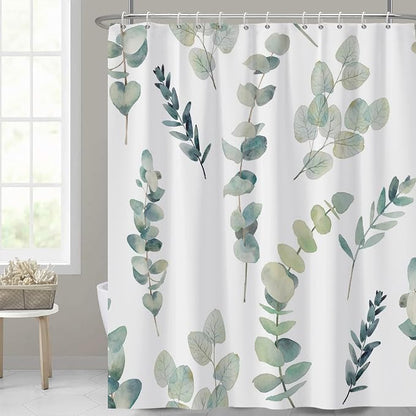 AWERT Shower Curtain Green Plants for Bathroom Waterproof Quick-Drying Eucalyptus Leaves Shower Curtain Set with Hooks 72x72 Inch