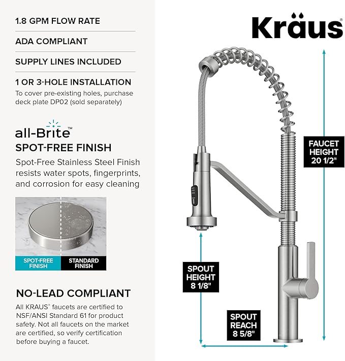 KRAUS Oletto Commercial Style 2-Function Single Handle Pull Down Kitchen Faucet in Spot-Free Stainless Steel, KPF-2643SFS