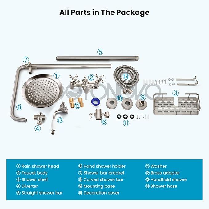 gotonovo Bathroom Exposed Shower Faucet Outdoor Shower System 8 Inch Rainfall Shower Head Set with Tub Spout and Handheld Spray Double Cross Handles Wall Mount with Shower Shelf Brushed Nickel