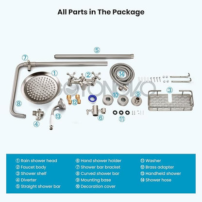 gotonovo Bathroom Exposed Shower Faucet Outdoor Shower System 8 Inch Rainfall Shower Head Set with Tub Spout and Handheld Spray Double Cross Handles Wall Mount with Shower Shelf Brushed Nickel