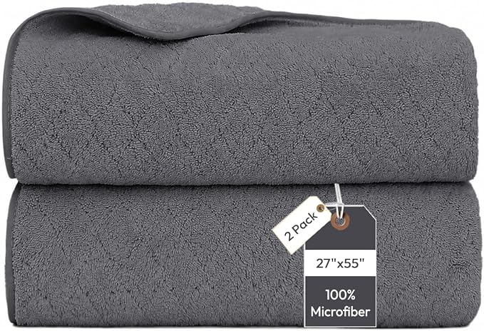 JML Bath Towels with Hanging Loop, 2 Pack, 27x55 in, Microfiber, Dark Gray | Soft, Super Absorbent, Quick Dry, Lint-Free & Fade-Resistant, Lightweight Bathroom Towel for Daily Use