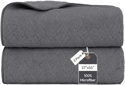 JML Bath Towels with Hanging Loop, 2 Pack, 27x55 in, Microfiber, Dark Gray | Soft, Super Absorbent, Quick Dry, Lint-Free & Fade-Resistant, Lightweight Bathroom Towel for Daily Use