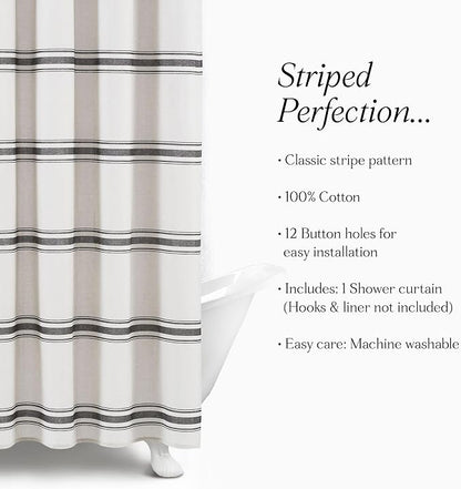Lush Decor Farmhouse Stripe Cotton Shower Curtain, 72" W x 72" L, Black - Striped Bathroom Curtain - Fabric Shower Curtains - Farmhouse Bathroom Decor