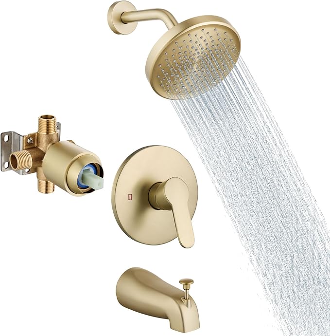 Aolemi Tub Shower Faucet Set With Valve Wall Mount Shower Trim Kit 6 Inch Bathtub Fixtures Rough-in Valve Single-Spray Shower Head System 5.3 Inch Tub Spout Brushed Gold Modern