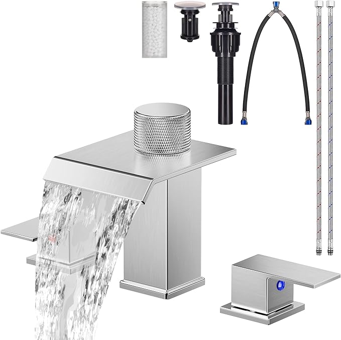 Brushed Nickel Bathroom Faucet 3 Hole, 8 Inch Widespread Waterfall Bathroom Sink Faucet with Filter, Includes Metal Pop-Up Drain and Supply Hoses, Perfect for Vanity, Restroom, Sink, Rv
