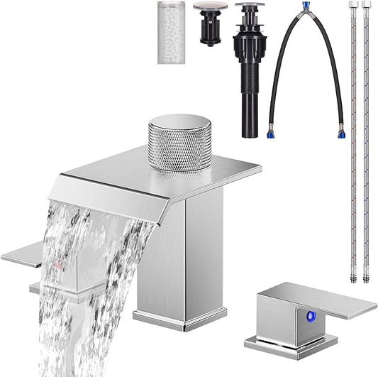 Brushed Nickel Bathroom Faucet 3 Hole, 8 Inch Widespread Waterfall Bathroom Sink Faucet with Filter, Includes Metal Pop-Up Drain and Supply Hoses, Perfect for Vanity, Restroom, Sink, Rv