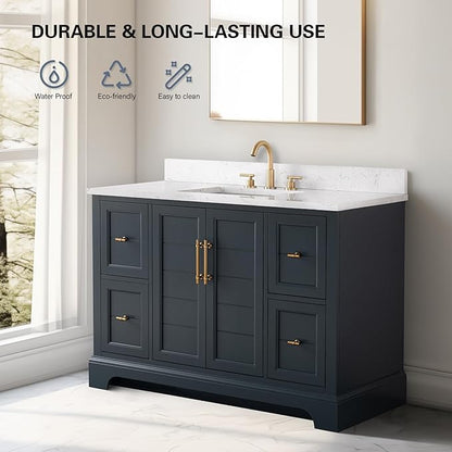 HOMEBEYOND 48 Inch Bathroom Vanity with Single Sink & Ceramic Top, Vanity Cabinet with Center Countertop Basin, Soft-Closing Doors, Backsplash, Vintage Spruce Blue