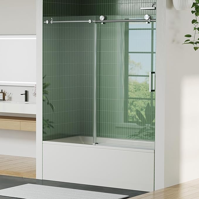 Frameless Sliding Shower Door for Tub 56-60”W×59”H, Sliding Shower Door with Fixed Panel, Stainless Steel Round Rail, 8mm Tempered Glass, Single Sliding Shower Door, Brushed Finish