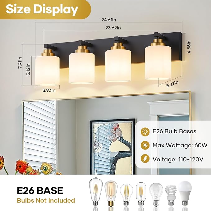 Vanity Lights for Bathroom, 4-Light Black and Gold Bathroom Vanity Light Over Mirror with Milky White Glass Shades, Modern Bathroom Light Fixtures for Living Room Hallway Cabinet (Bulbs Not Included)