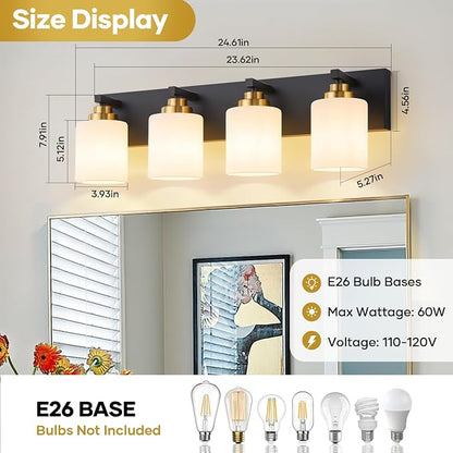 Vanity Lights for Bathroom, 4-Light Black and Gold Bathroom Vanity Light Over Mirror with Milky White Glass Shades, Modern Bathroom Light Fixtures for Living Room Hallway Cabinet (Bulbs Not Included)