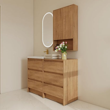48" Bathroom Vanity Set, 48 Inch Modern Freestanding Vanity with Wall-Mounted Side Cabinet and 6 Drawers, Soft Closing Doors, Single Resin Sink Floor Stand Cabinet Set Imitative Oak