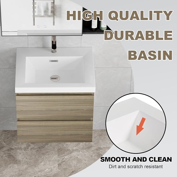 Pre-Assembled 24'' Floating Bathroom Vanity with Sink, Ash Grey | Wall-Mounted Bathroom Vanity with Solid Surface Top Basin, 2 Soft Close Drawers, Easy to Install & Clean