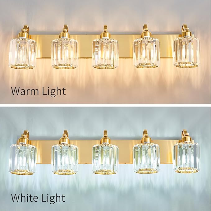 Modern Crystal Bathroom Vanity Light 5 Lights Crooked Gold Vanity Lighting Over Mirror Bathroom Wall Lighting Fixtures with Round Shade (Exclude Bulb)