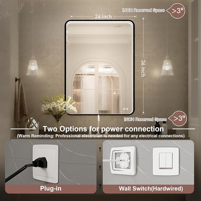 36x24 Inch Black Frame LED Lighted Bathroom Mirror,ETL Listed | 3 Color Anti-Fog,3000K/4500K/6000K Dimmable,Horizontal & Vertical,Wall Mounted,Memory Function,Ideal for Bathroom,Vanity
