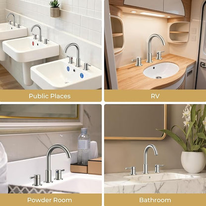 FORIOUS Bathroom Faucet 3 Hole, 360° Swivel 8" Sink Faucet Brushed Nickel | with Pop Up Drain, 2 Handles,for Sink Vanity RV Lavatory Farmhouse, 304 Stainless Steel, Lead-free, Leakproof
